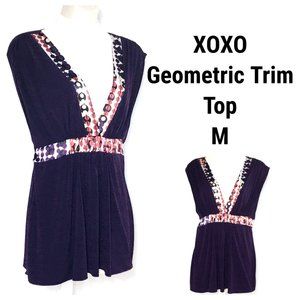 XOXO Purple Red Tan Black White Top Blouse Shirt M Geometric Circle Dots Print